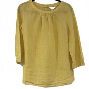 Boden Button Back Katie Linen Top Blouse Women's 12 Mustard Yellow 3/4 Sleeve